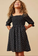 Load image into Gallery viewer, Black Floral Smocked Dress
